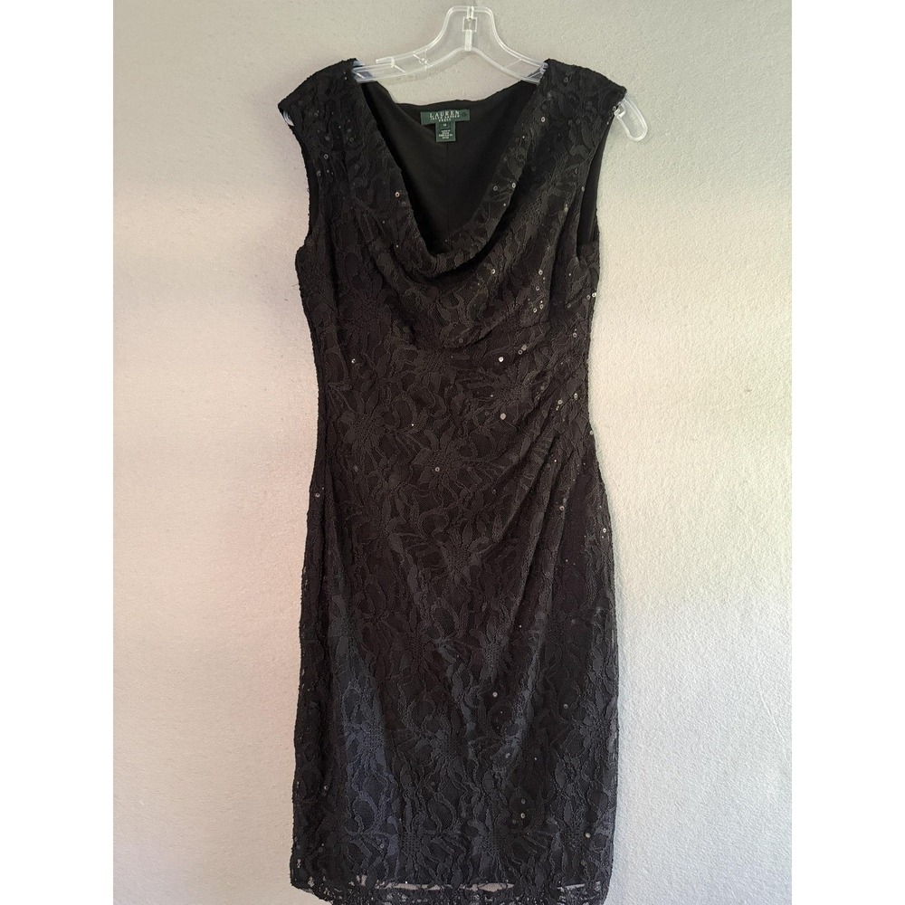 Lauren Ralph Lauren Dress Womens 10 Black Lace Sequin Cowl Sheath Knee Length